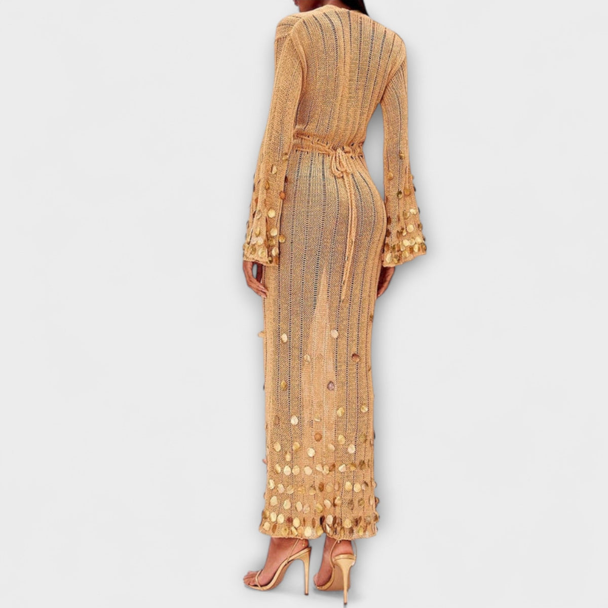 Nova - Robe Longue Tricotée Dorée à Paillettes