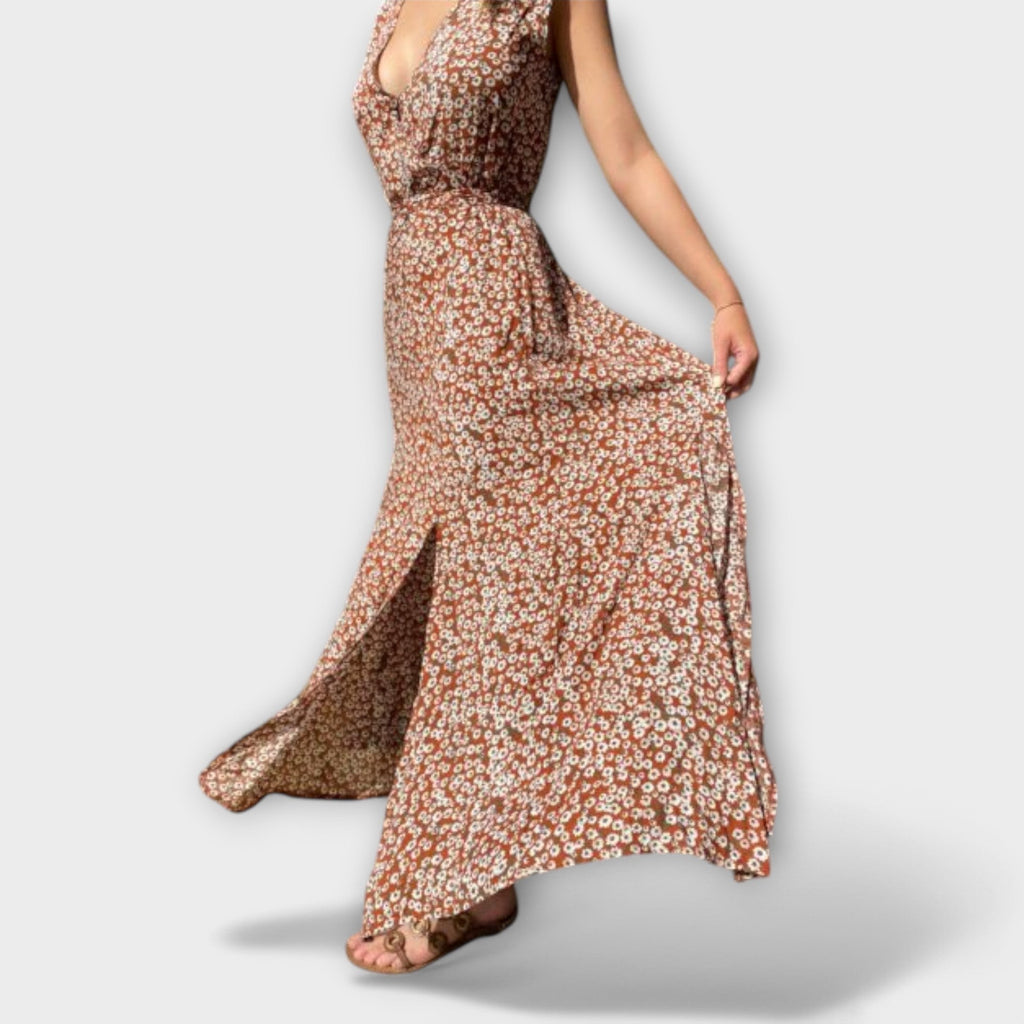 Serephina - Robe Longue Bohème Beige Imprimée