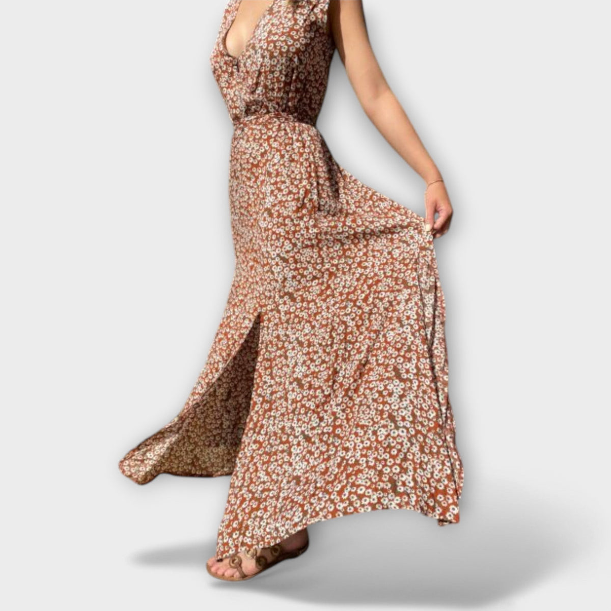 Serephina - Robe Longue Bohème Beige Imprimée