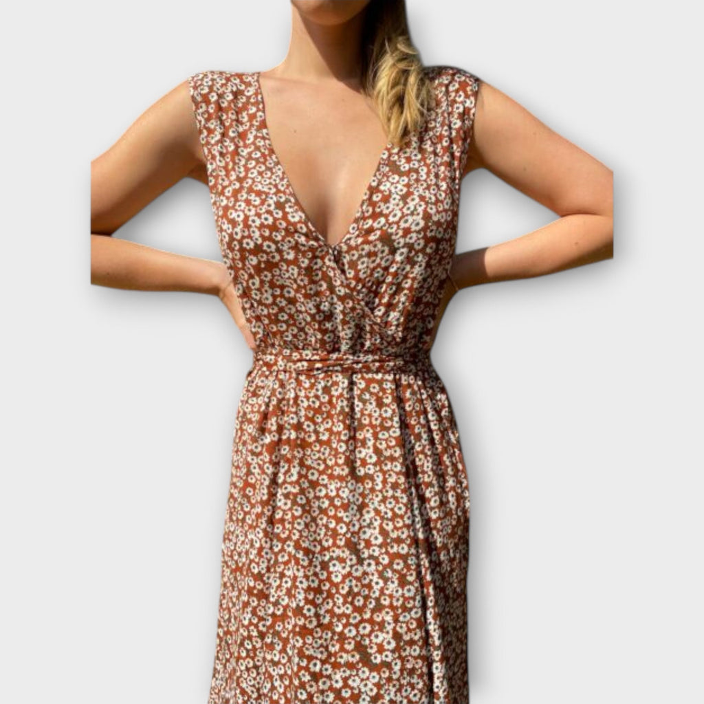 Serephina - Robe Longue Bohème Beige Imprimée