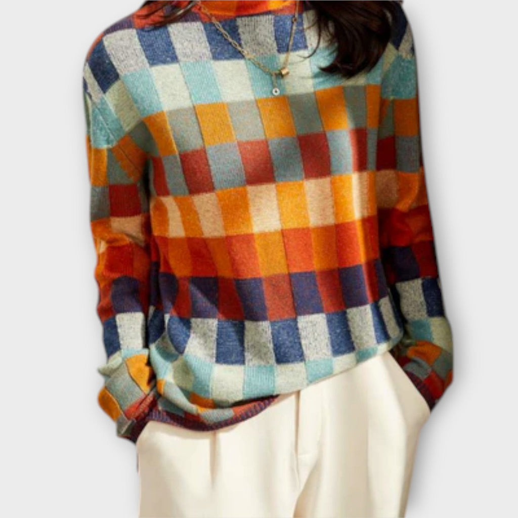 Erika - Pull Col Roulé Patchwork Coloré à Carreaux