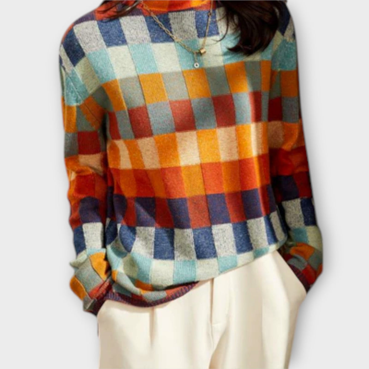 Erika - Pull Col Roulé Patchwork Coloré à Carreaux