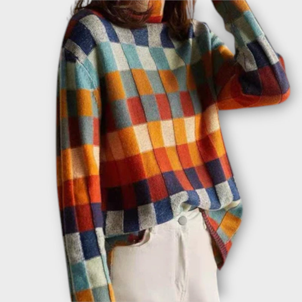 Erika - Pull Col Roulé Patchwork Coloré à Carreaux