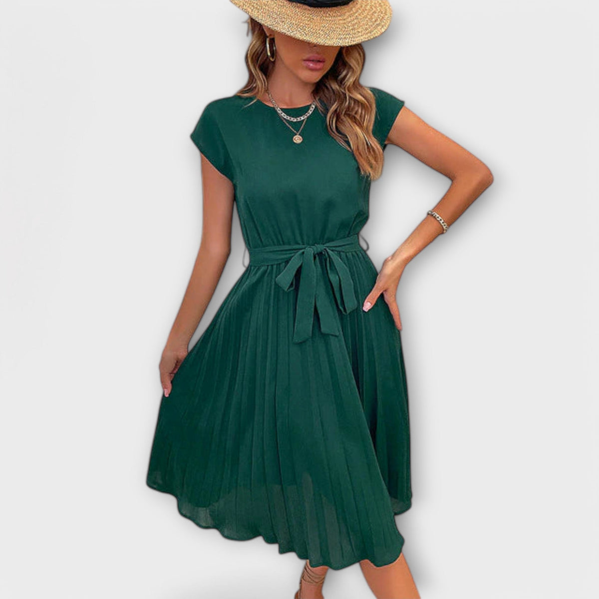Claire - Robe Midi Noire Plissée à Ceinture