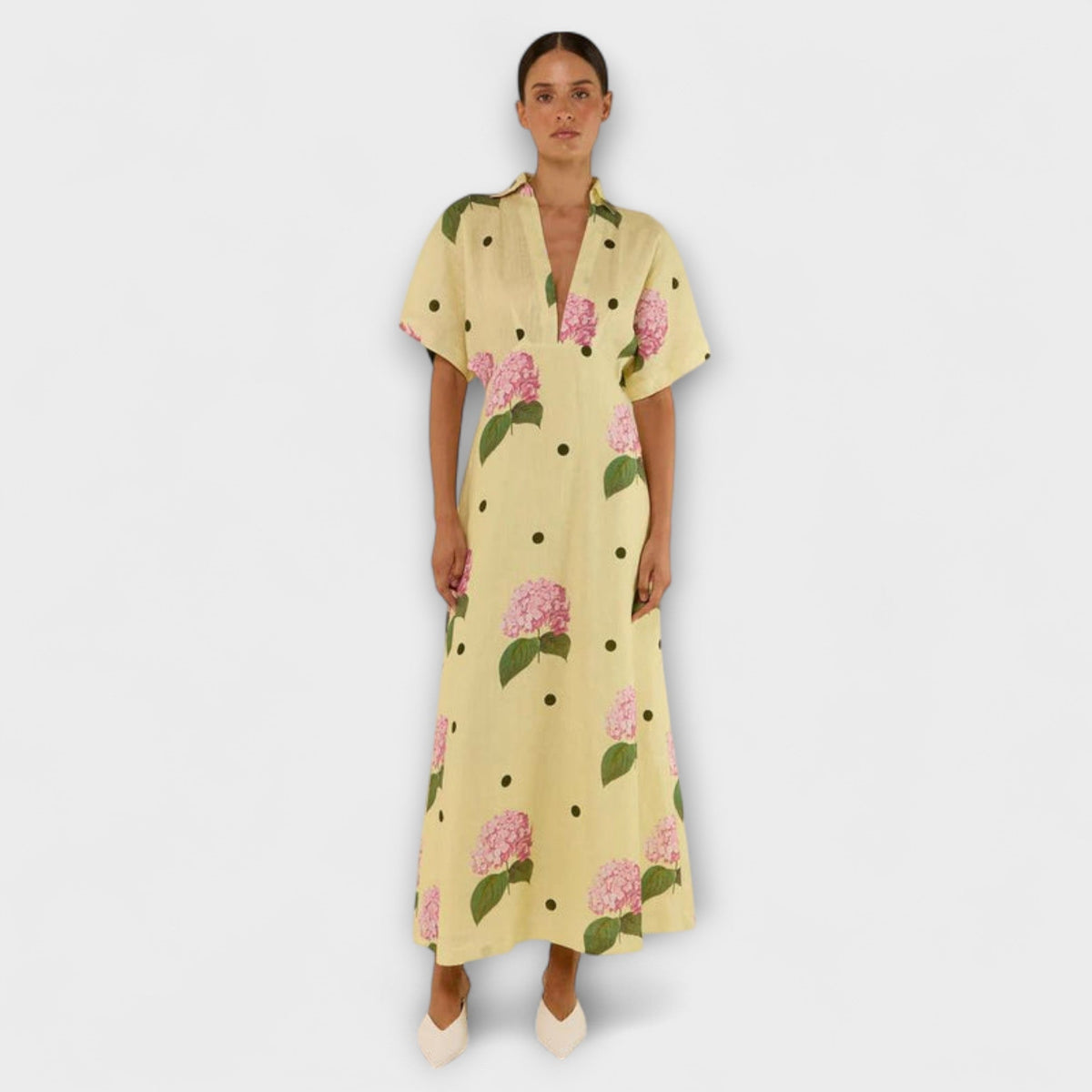 Liselotte - Robe Longue Jaune Clair à Motif Hortensia