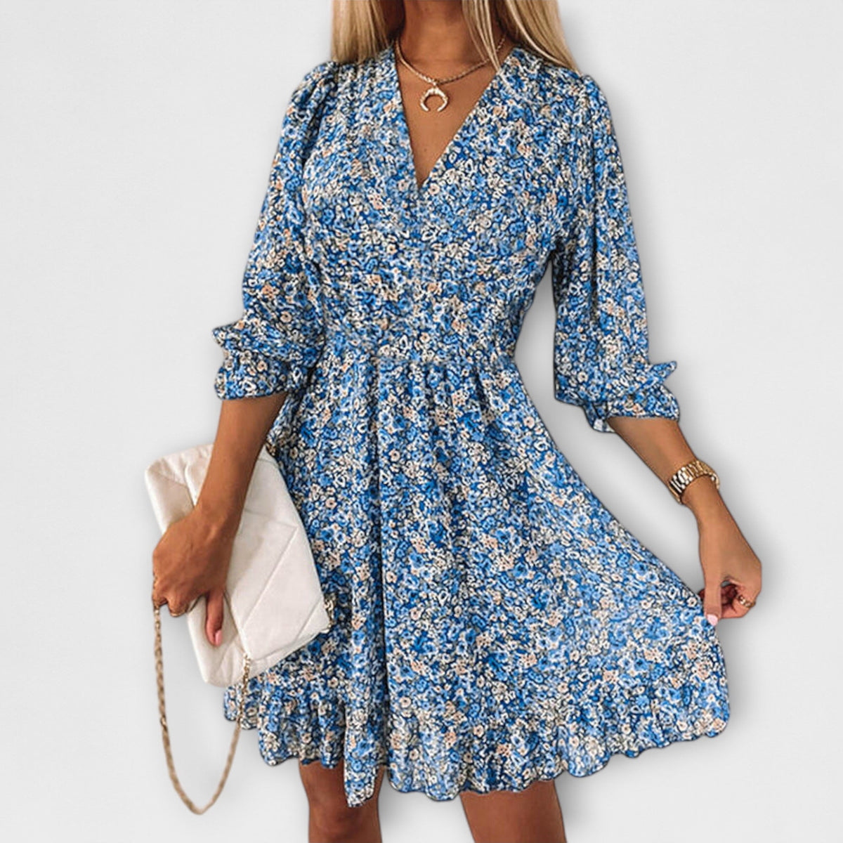 Robe Rose à Manches Bouffantes et Motif Floral