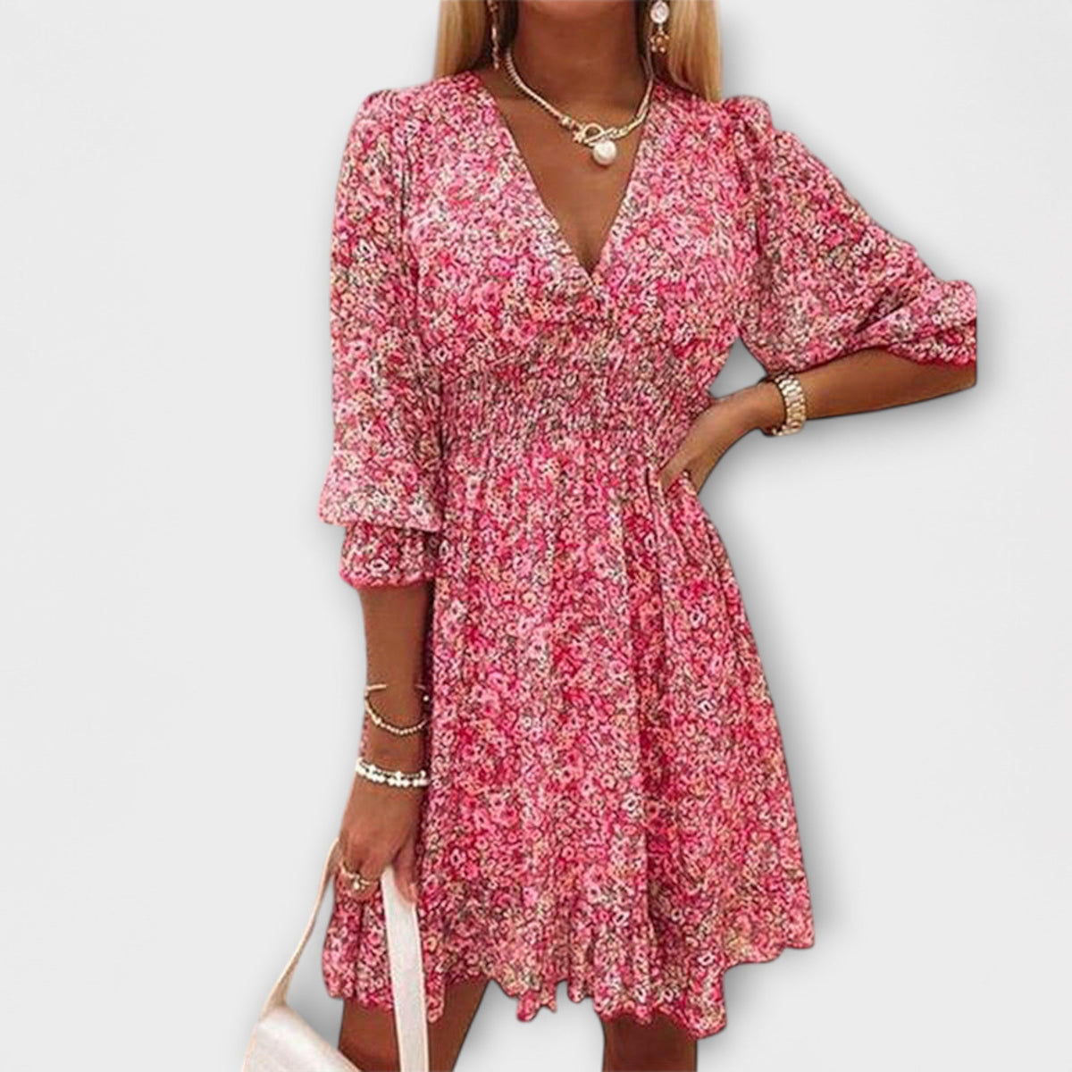 Robe Rose à Manches Bouffantes et Motif Floral