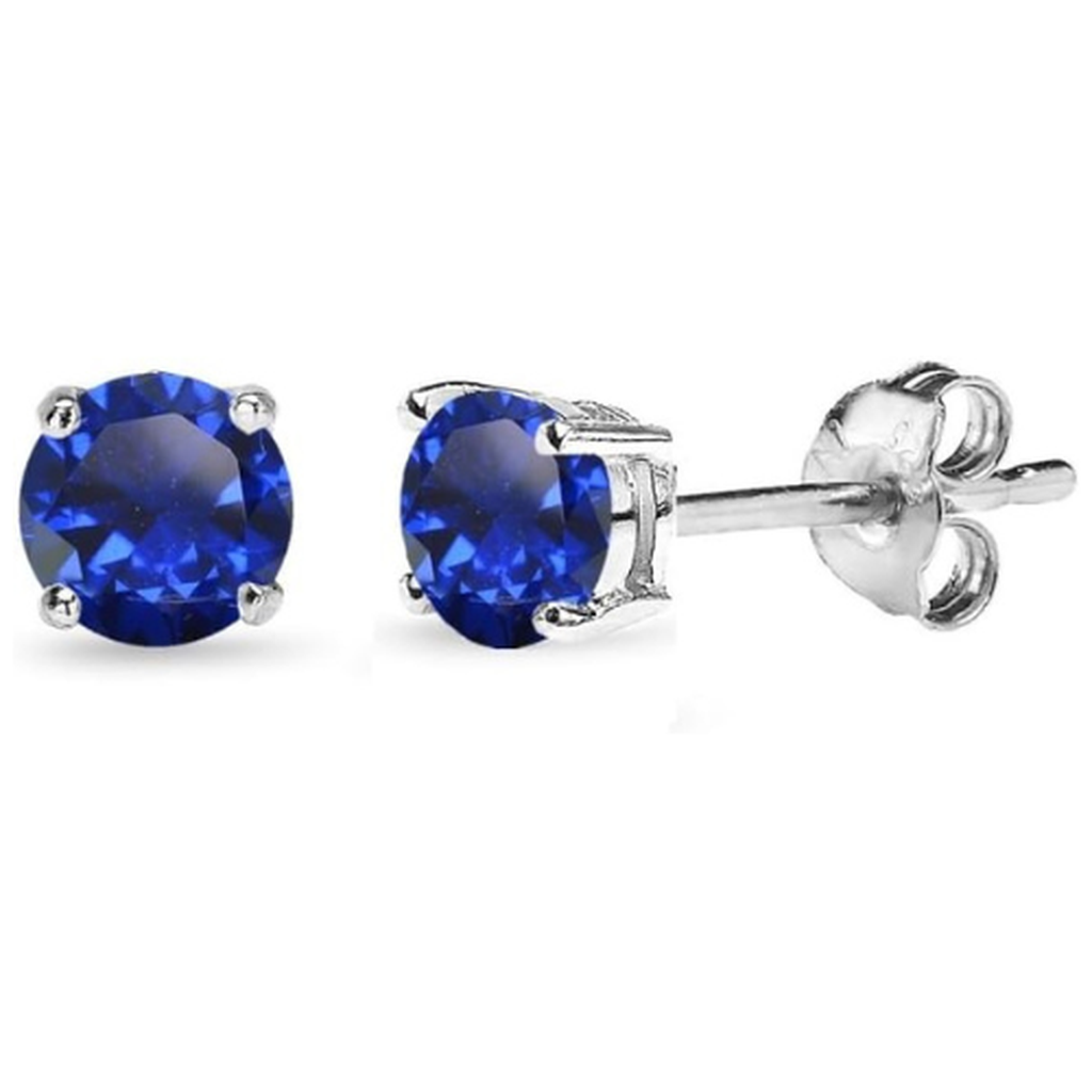 Puces d’oreilles classiques à pierres bleu saphir, effet or blanc