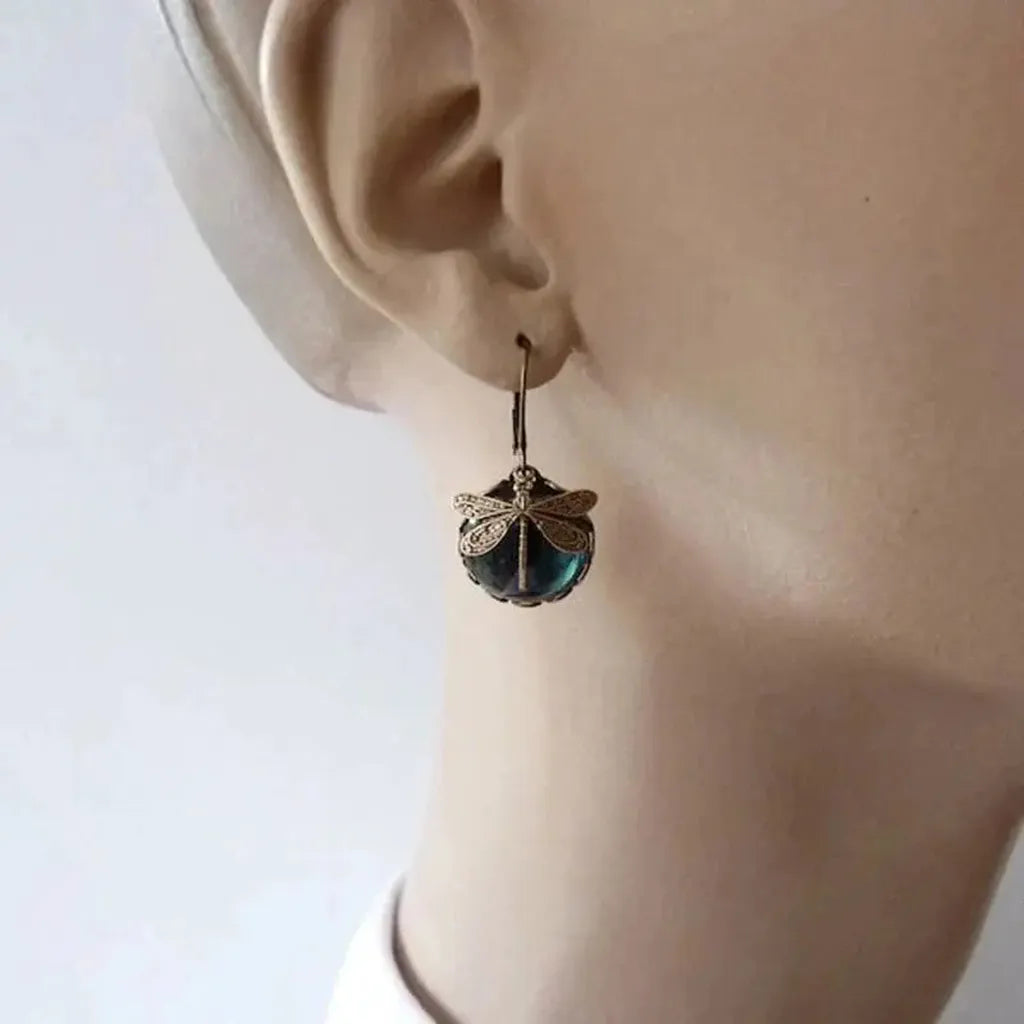 Boucles d’oreilles sphériques à libellules, finition or vieilli