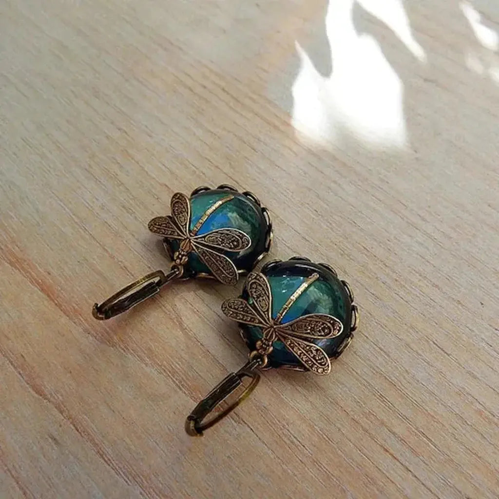 Boucles d’oreilles sphériques à libellules, finition or vieilli