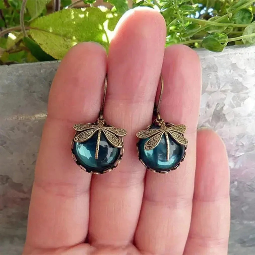 Boucles d’oreilles sphériques à libellules, finition or vieilli