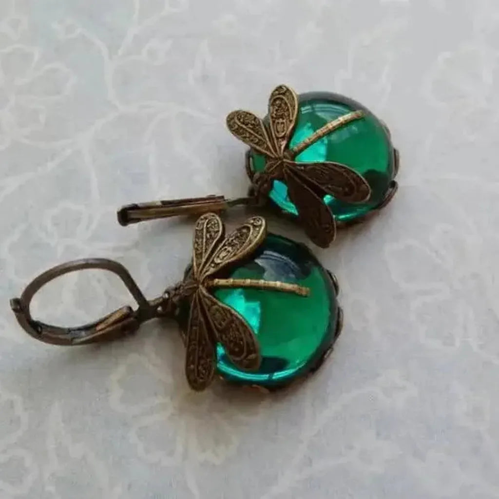 Boucles d’oreilles sphériques à libellules, finition or vieilli