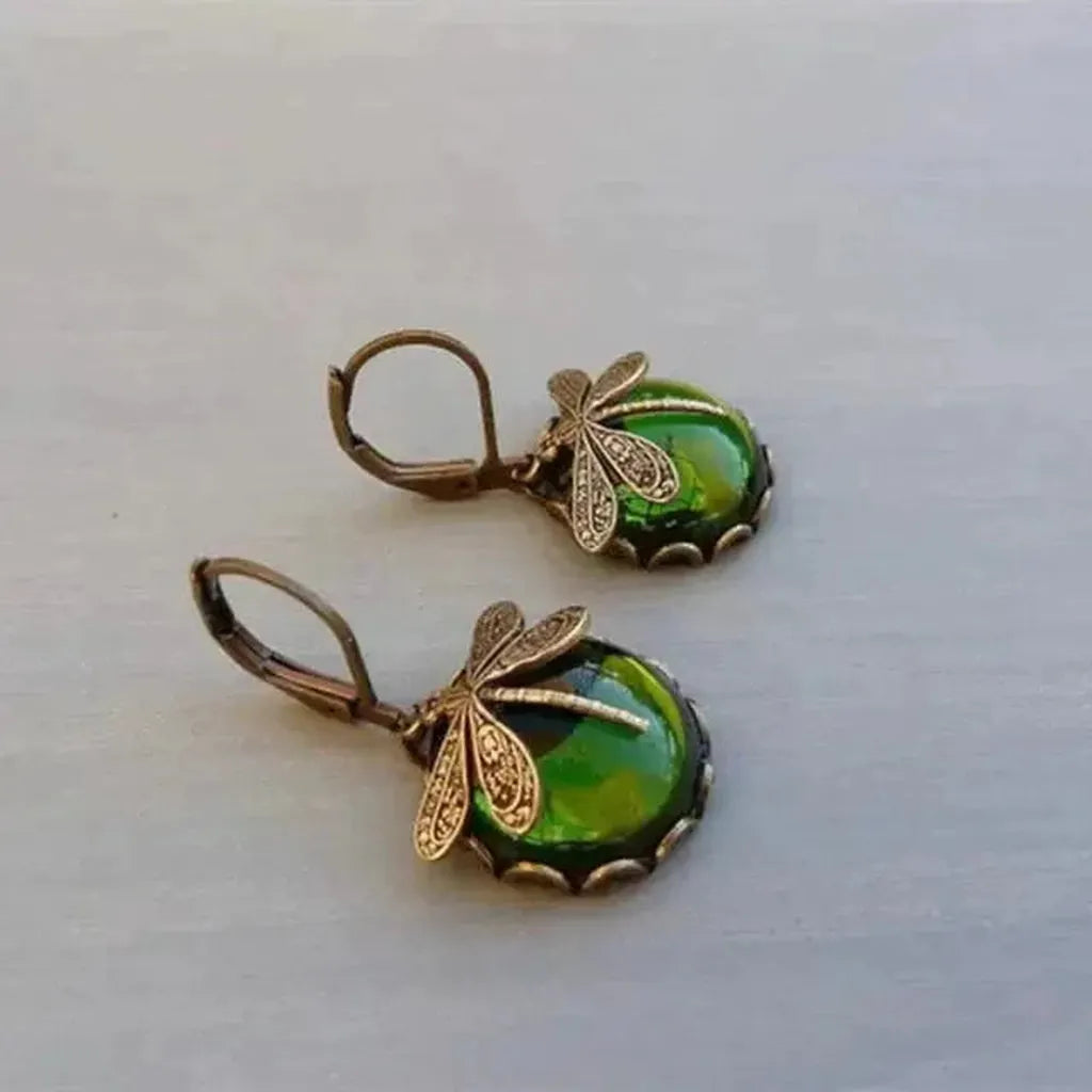 Boucles d’oreilles sphériques à libellules, finition or vieilli