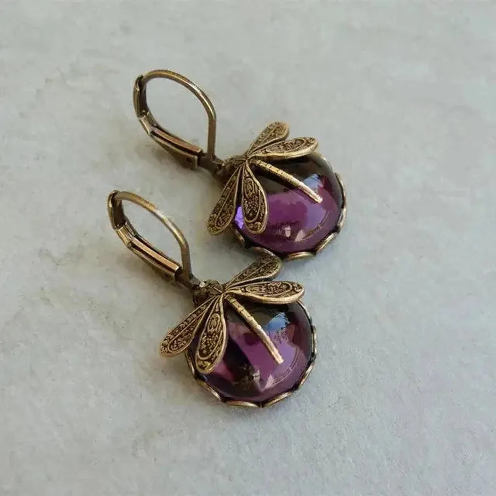 Boucles d’oreilles sphériques à libellules, finition or vieilli