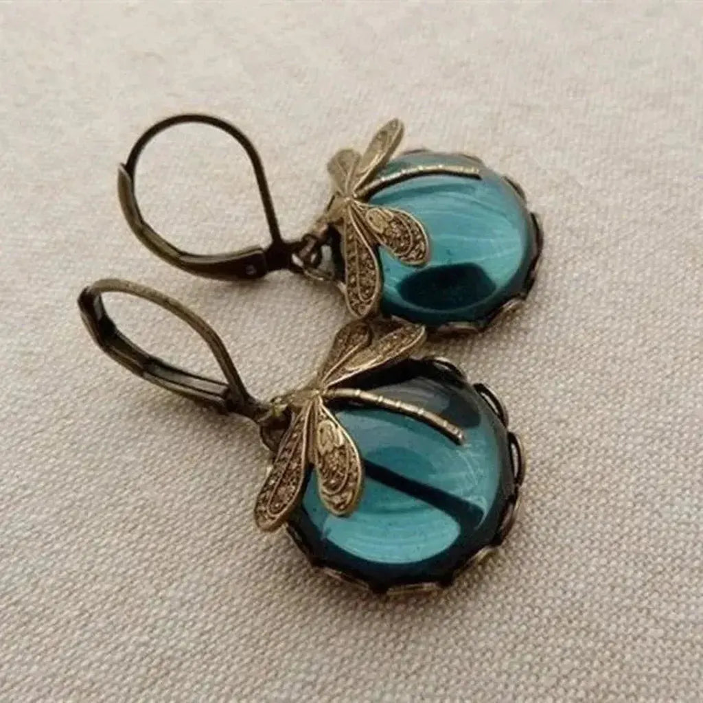 Boucles d’oreilles sphériques à libellules, finition or vieilli