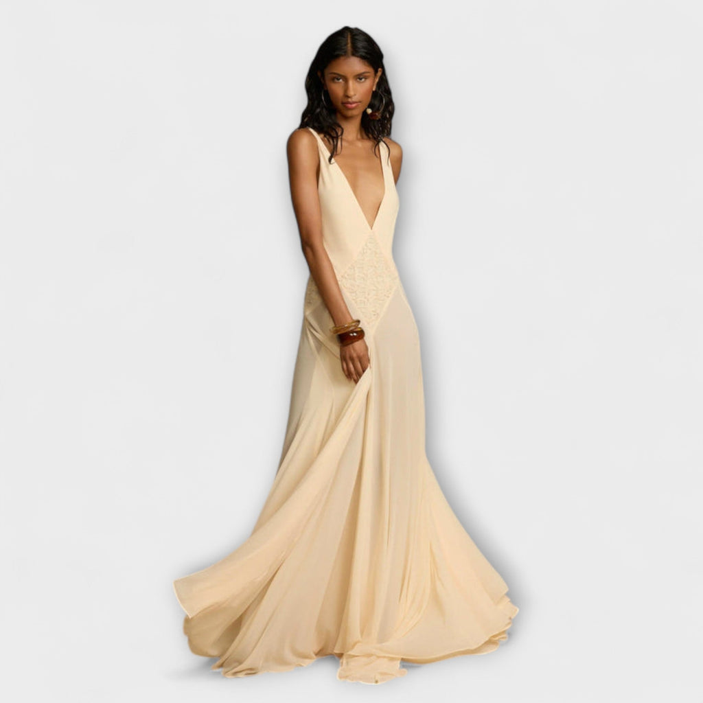 Lavinia - Robe Longue Crème à Col V Profond