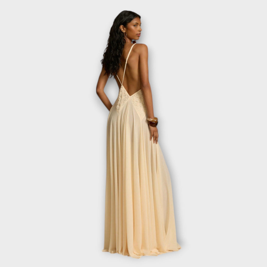 Lavinia - Robe Longue Crème à Col V Profond