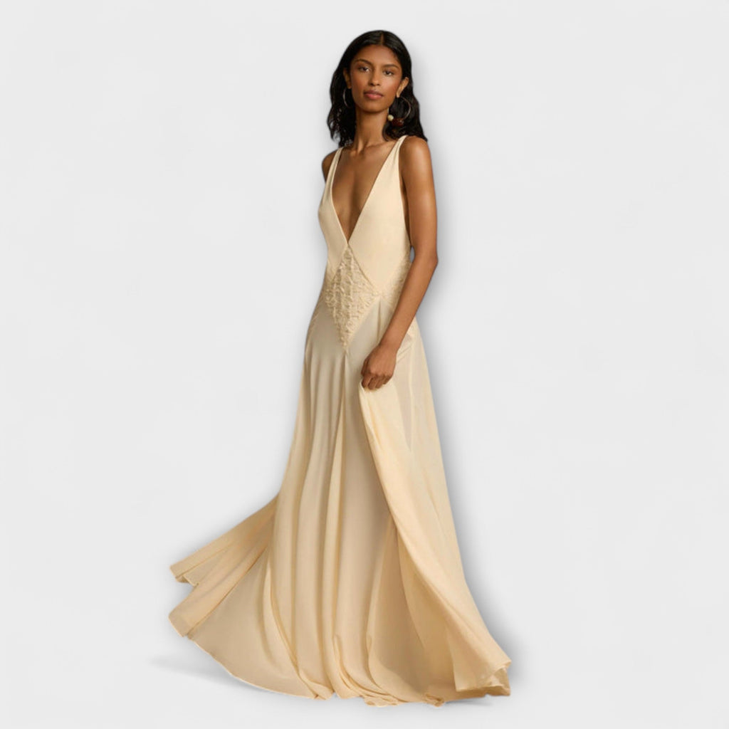 Lavinia - Robe Longue Crème à Col V Profond