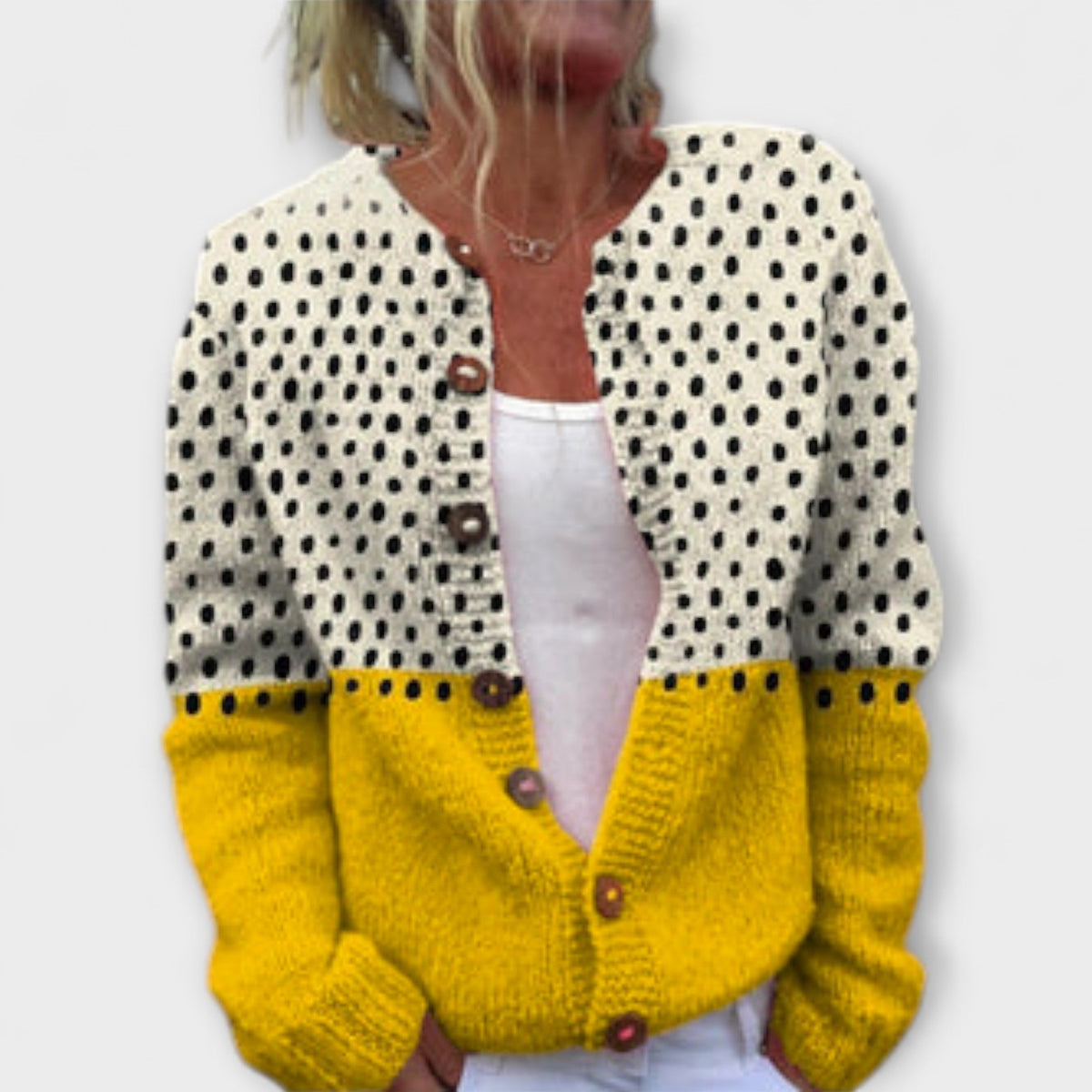 Elin - Cardigan à Pois et Bloc Jaune