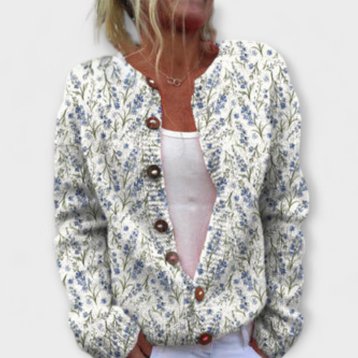 Mira - Cardigan Fleuri Blanc en Laine Mélangée