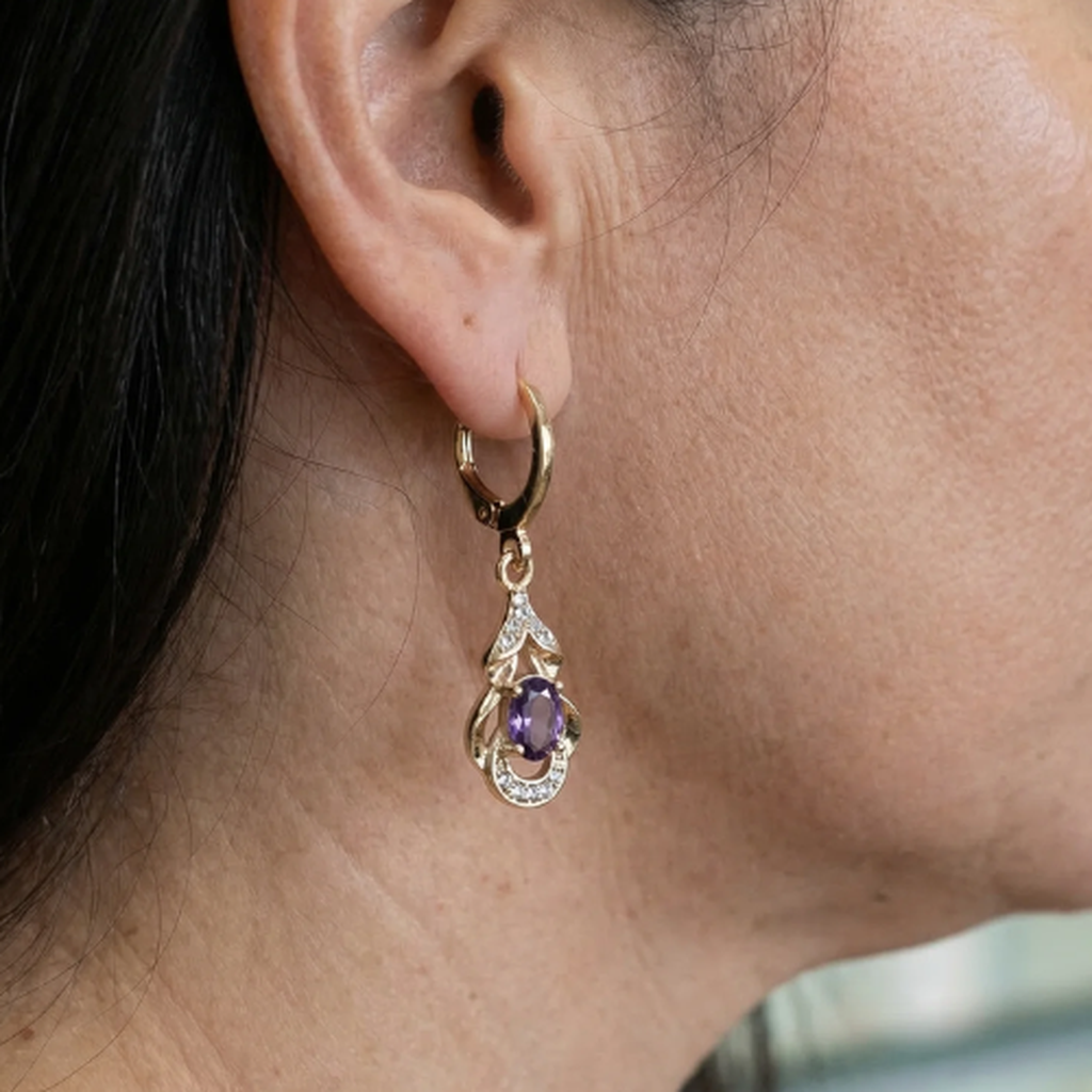 Boucles d’oreilles gouttes à améthyste Clair de lune, effet or rose