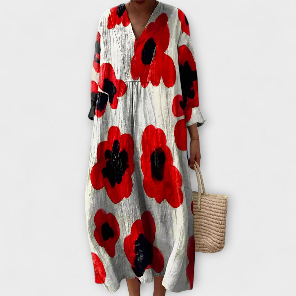 Marla - Robe Blanche à Motif Coquelicots Rouges
