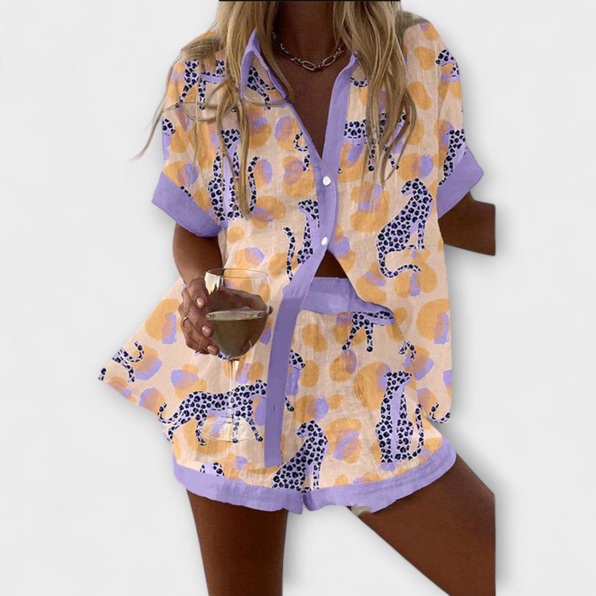 Inês - Ensemble Violet à Pois et Motif Léopard