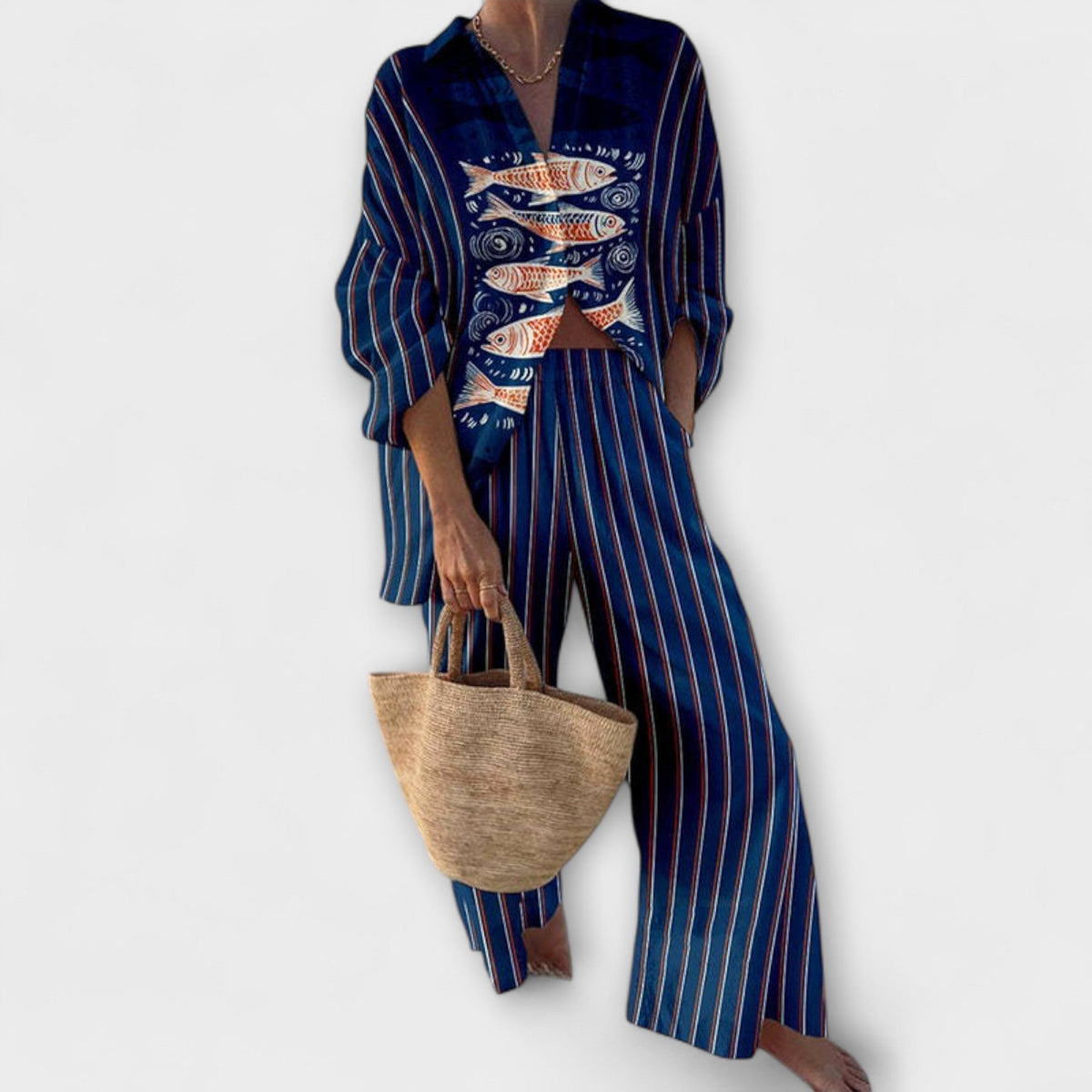 Bianca - Ensemble Rayé Bleu à Motif Poisson