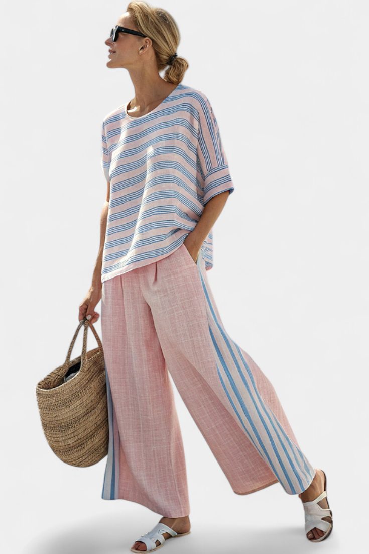 Cecília - Ensemble Rose en Lin de Bambou à Rayures