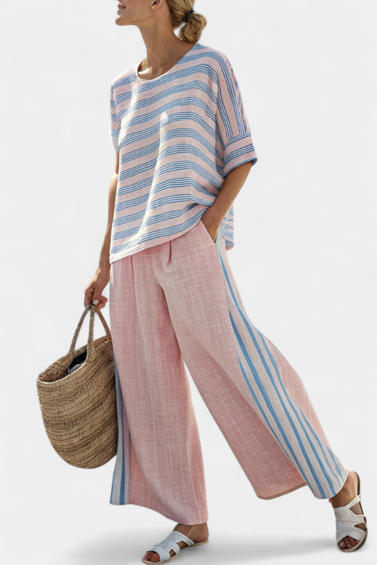 Cecília - Ensemble Rose en Lin de Bambou à Rayures