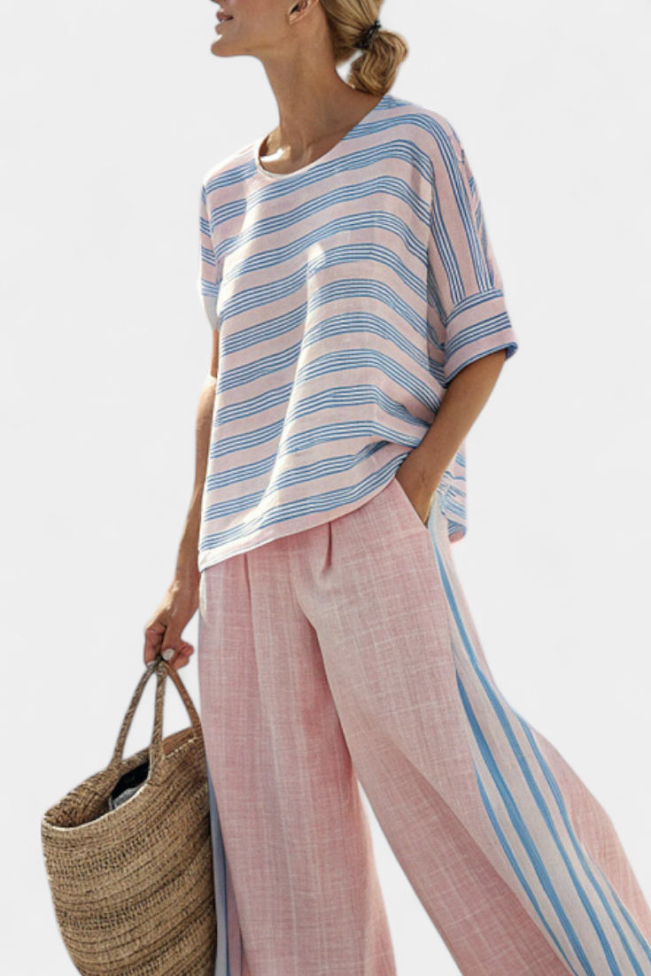 Cecília - Ensemble Rose en Lin de Bambou à Rayures