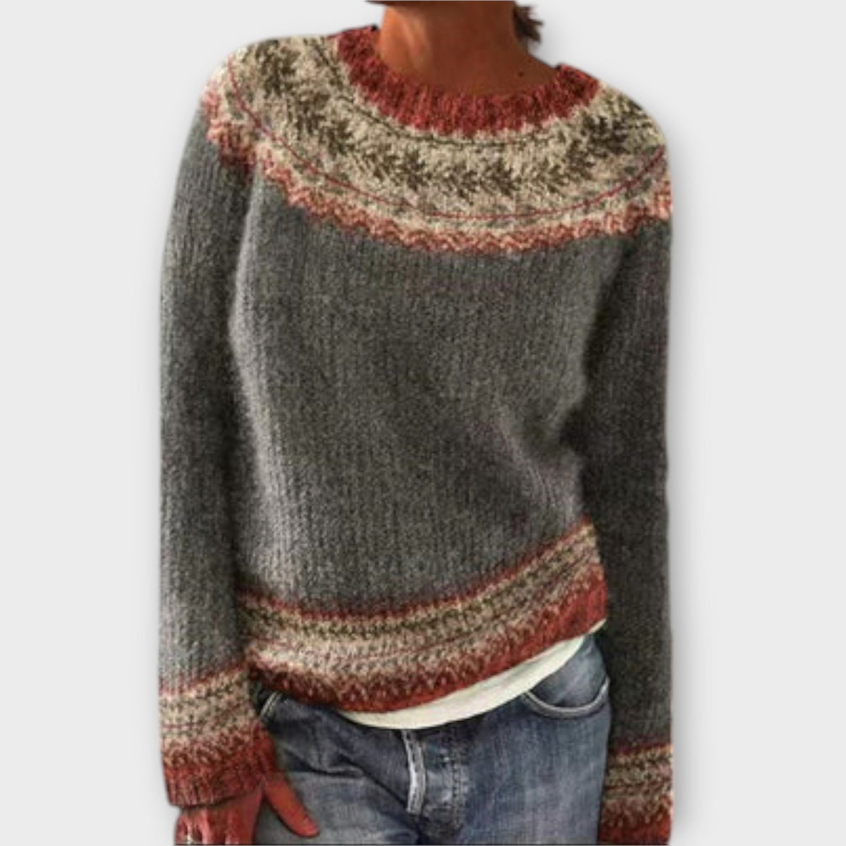 Suzu - Pull Vintage Gris à Motif Norvégien Coloré