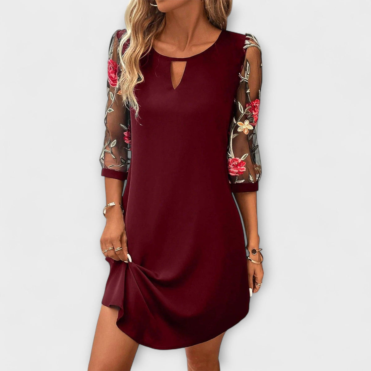 Adelajda - Robe Bordeaux à Manches Fleuries
