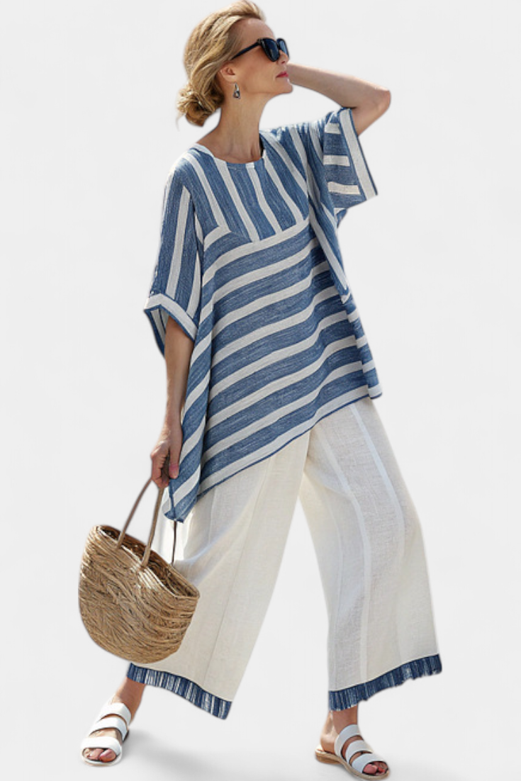 Constança - Ensemble Méditerranéen en Lin Bleu et Blanc à Rayures