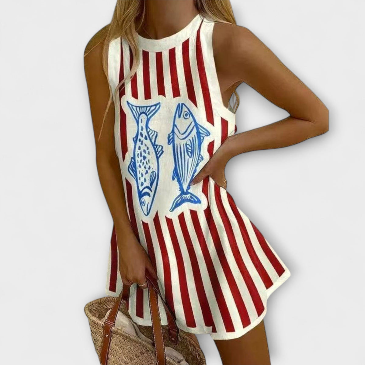 Constança - Mini-Robe Blanche et Rouge à Motif Poisson