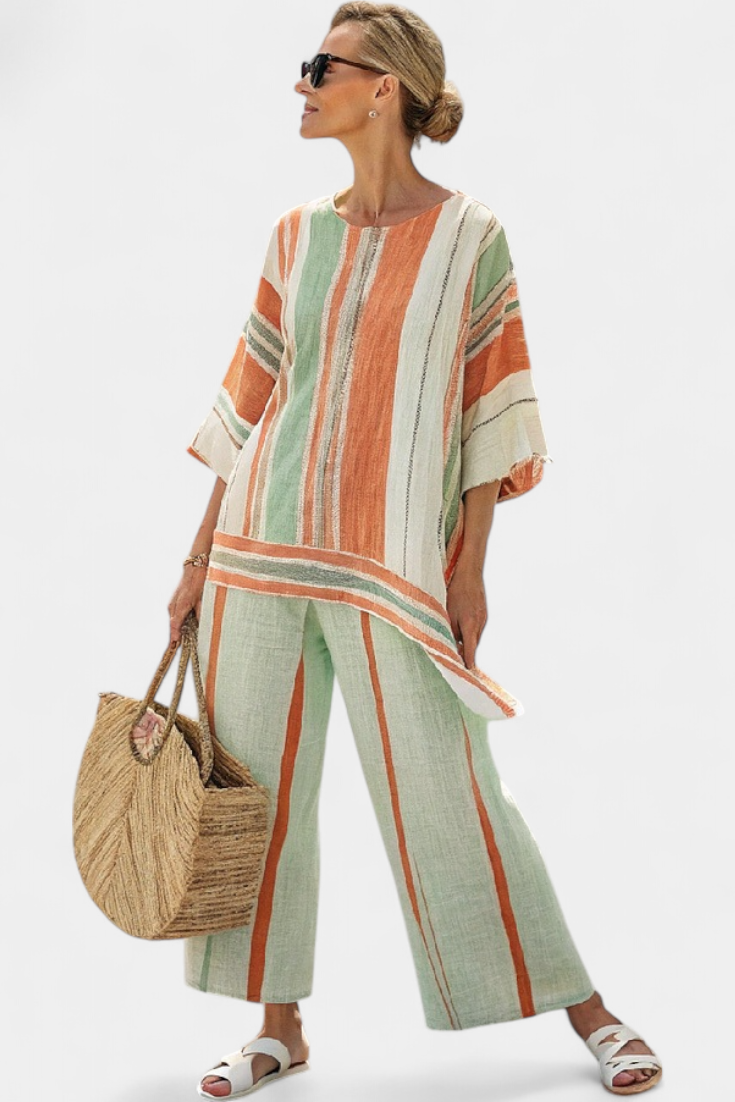 Dalila - Ensemble en Lin Crème à Rayures Orange