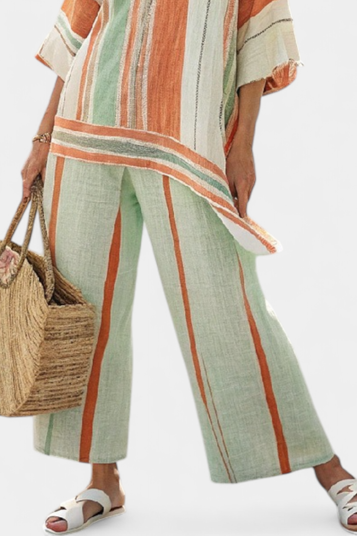 Dalila - Ensemble en Lin Crème à Rayures Orange