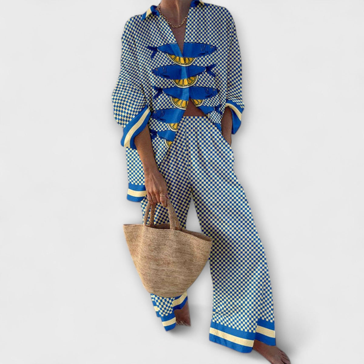 Trivela - Ensemble en Lin Bleu à Imprimé Citron