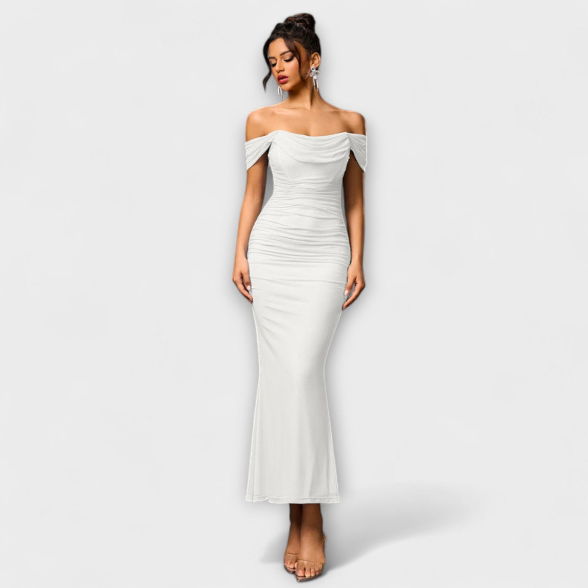 Ione - Robe Bodycon Marron Épaules Dénudées