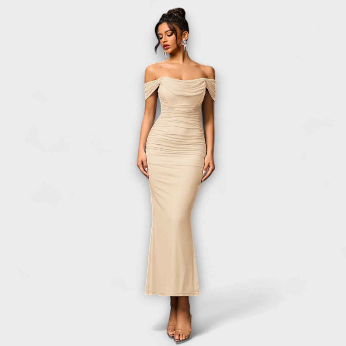 Ione - Robe Bodycon Marron Épaules Dénudées