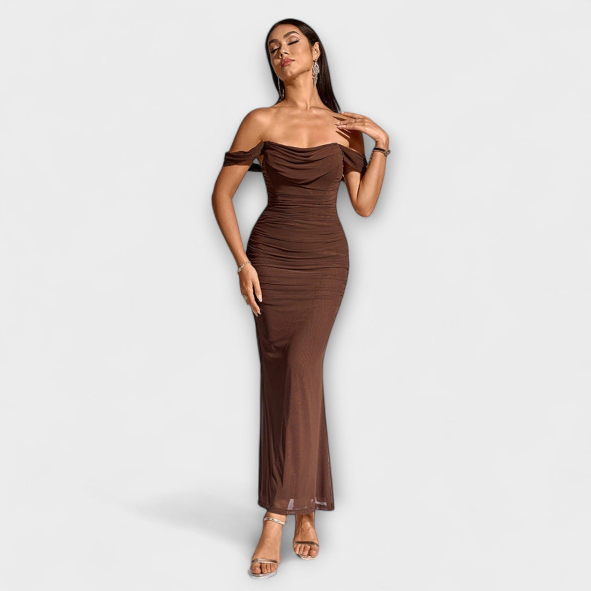 Ione - Robe Bodycon Marron Épaules Dénudées