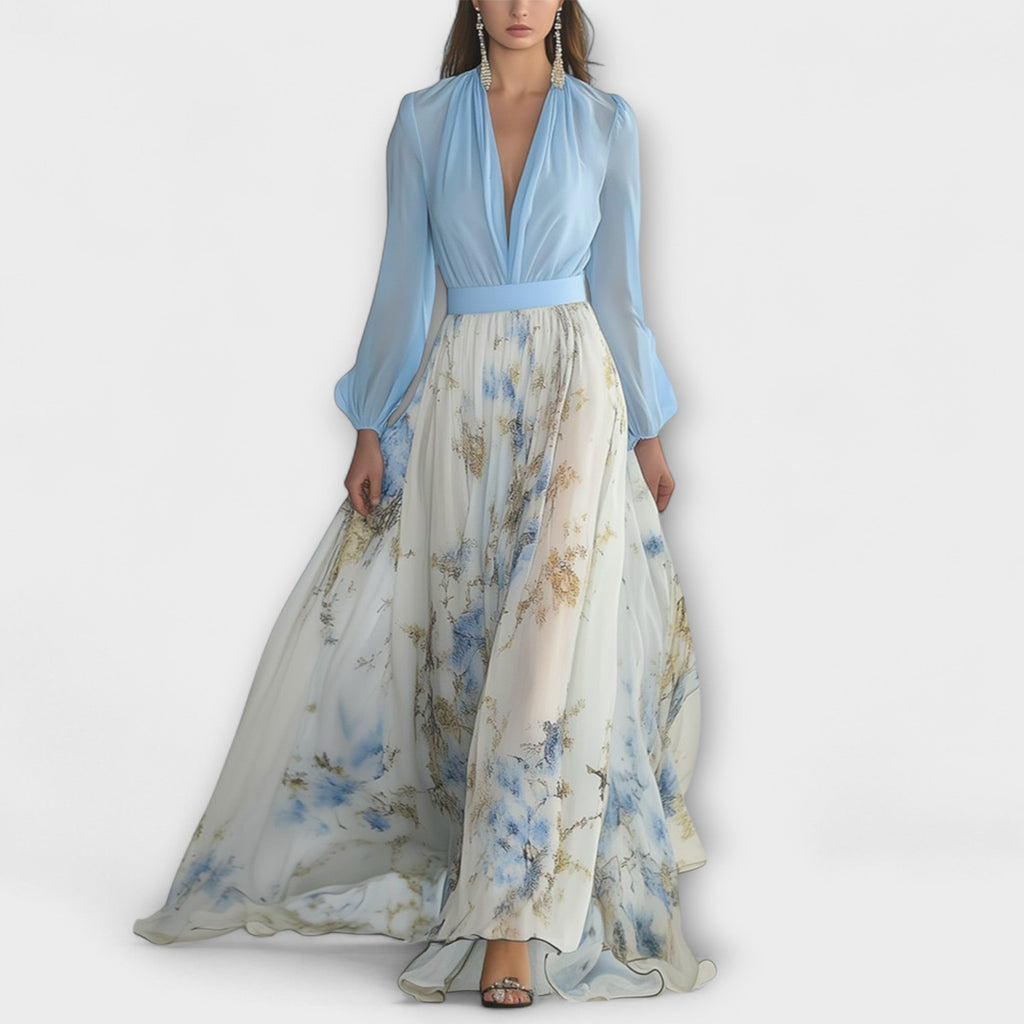 Harper - Robe Longue Bleu Clair à Motif Floral