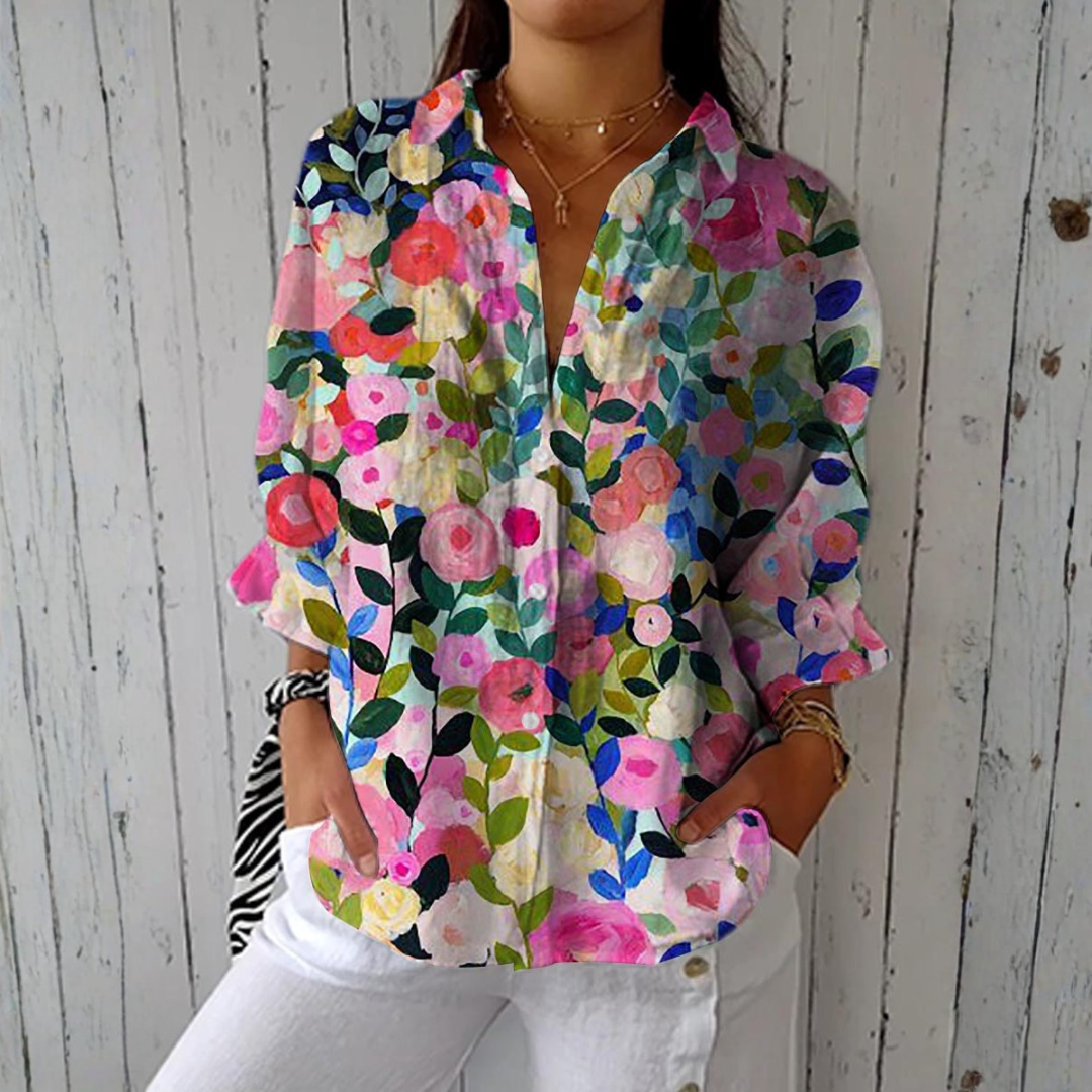 Sílvia - Chemisier Blanc à Motif Floral Peint à la Main