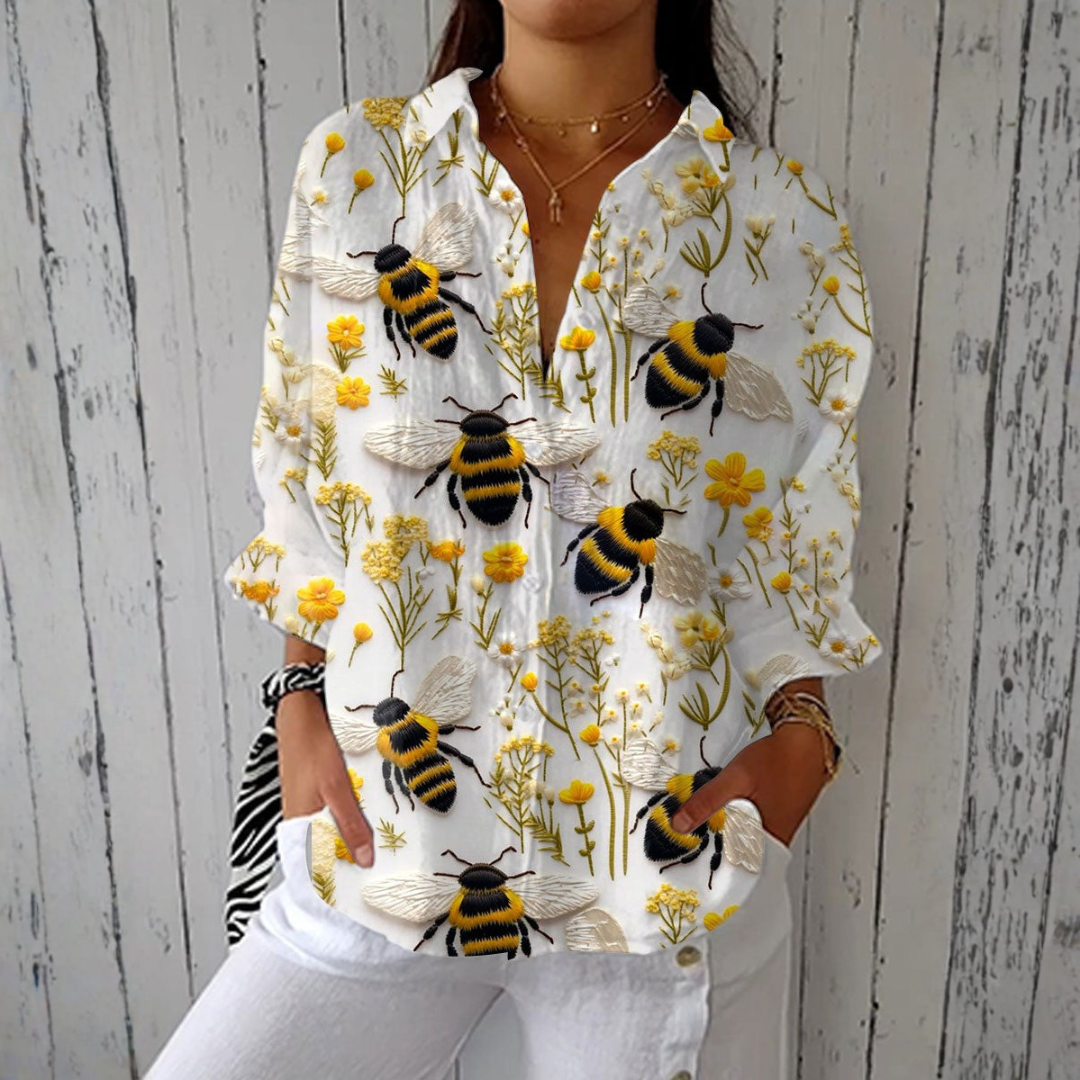 Brigite - Chemisier Blanc à Motif Abeilles et Fleurs
