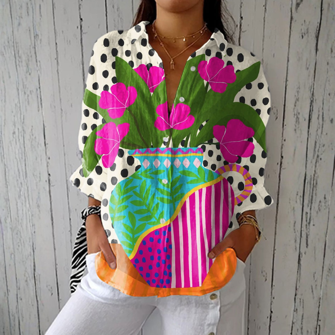 Odete - Chemisier Blanc à Pois et Motif Vases Fleuris