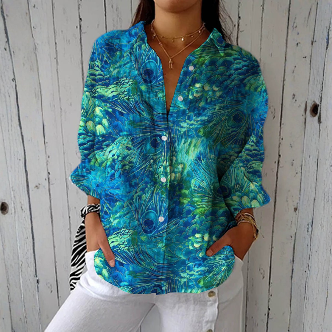 Leila - Chemisier Turquoise et Vert à Motif Plumes
