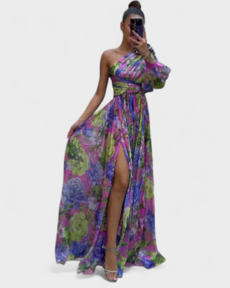 Whitney - Robe Longue Violette Une Épaule à Fleurs