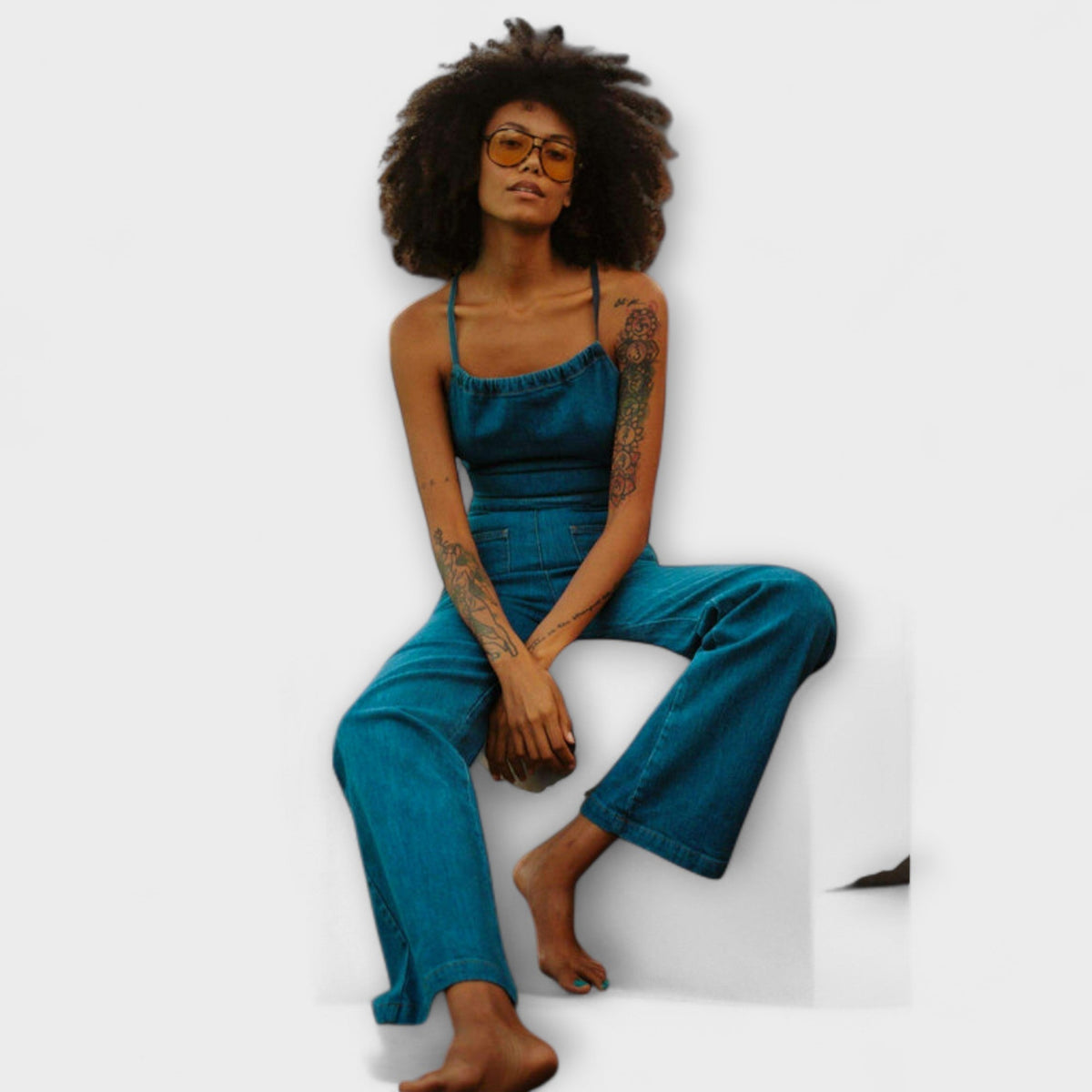 Julie - Combinaison en Denim Bleu à Lien Nouer