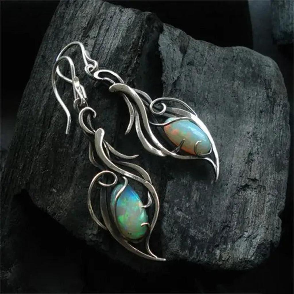 Boucles d’oreilles rétro à opale bleue, effet or blanc