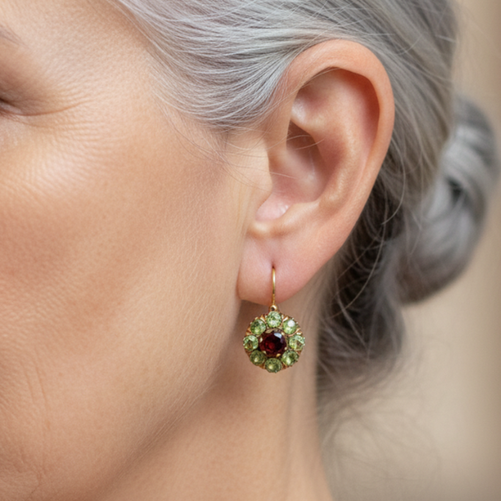 Boucles d’oreilles rondes rétro à cristaux verts et rouges